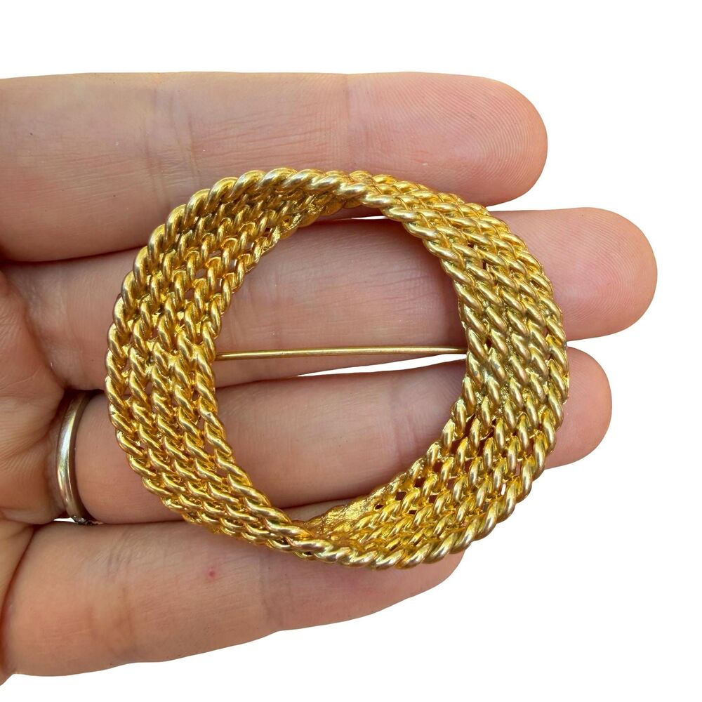 Vintage Jewelry Braided Gold Tone Round Brooch Pin